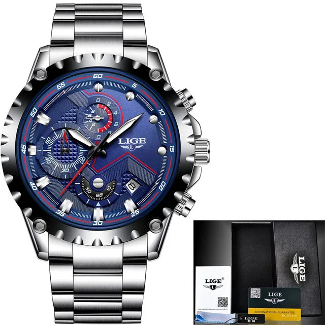 2025 LIGE Men Watch Fashion Quartz Watch Mens Top Brand Luxury All Steel Business Waterproof Sport Watch Relogio Masculino+BOX