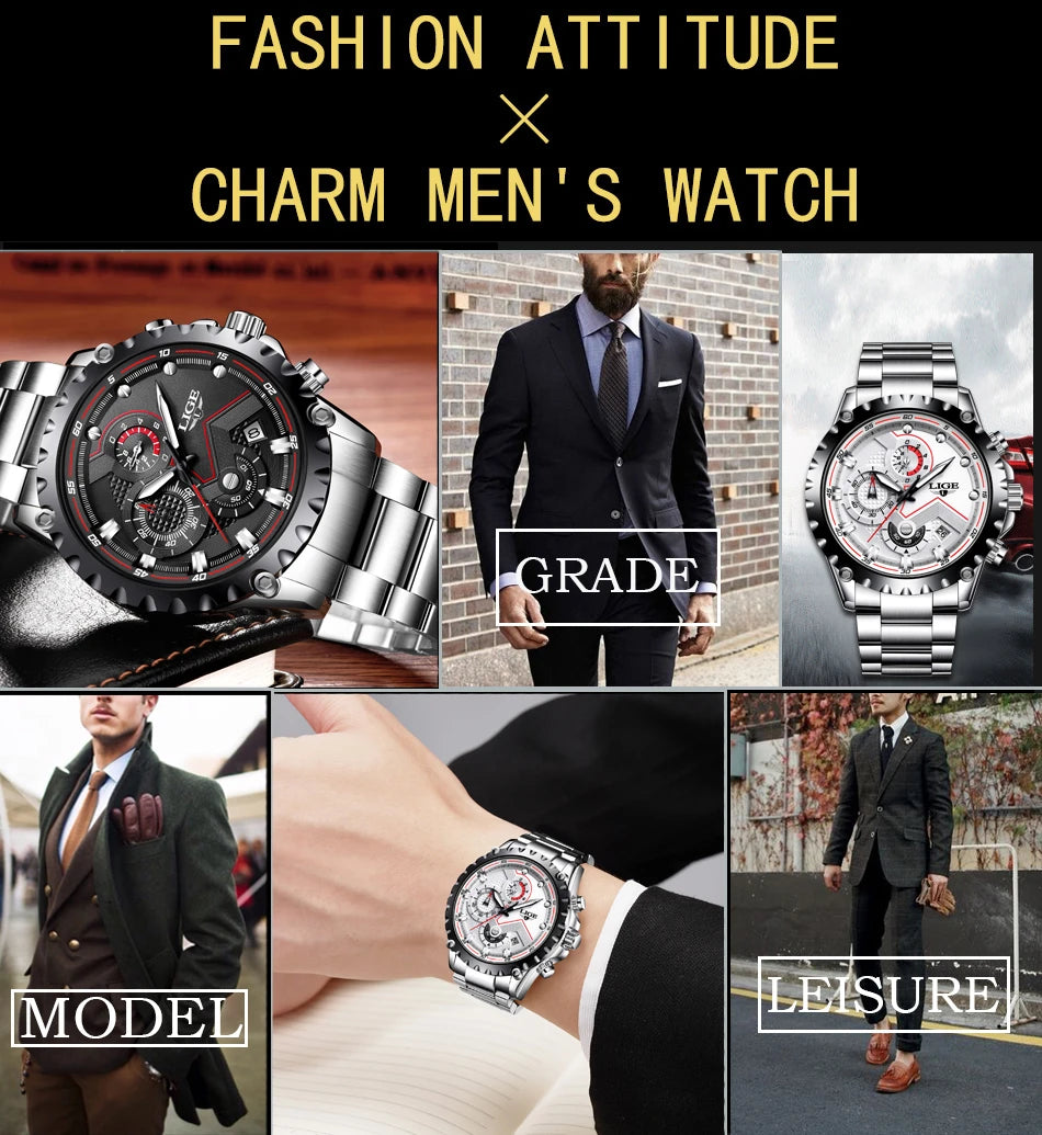 2025 LIGE Men Watch Fashion Quartz Watch Mens Top Brand Luxury All Steel Business Waterproof Sport Watch Relogio Masculino+BOX