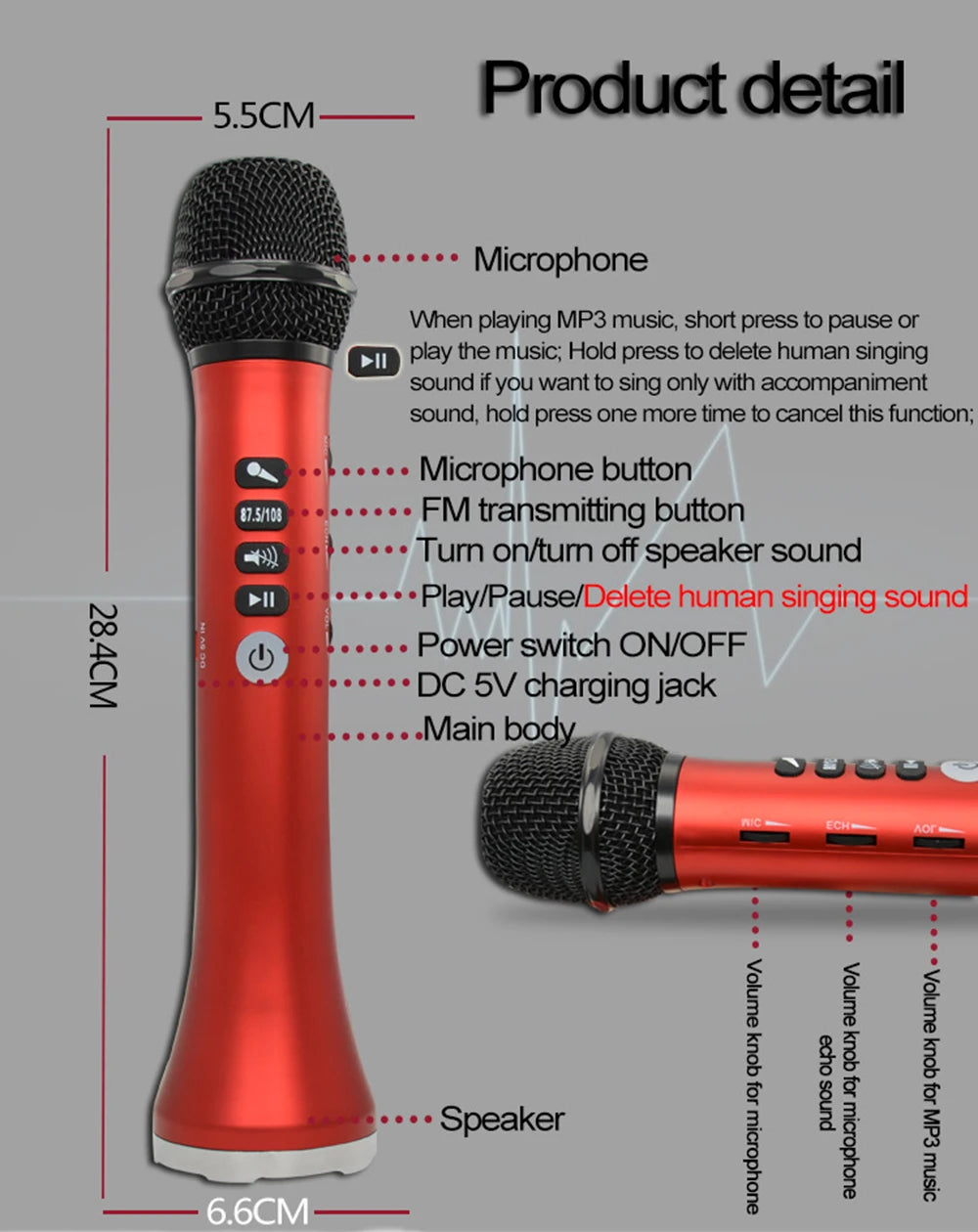 XIAOKOA L-698 15W Wireless Karaoke Microphone Bluetooth Speaker 4000mah 2in1 Handheld Sing&Recording KTV Player for iOS/Android
