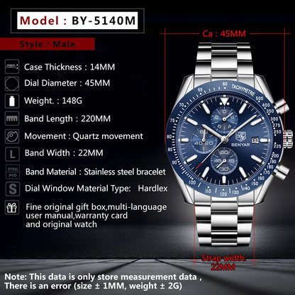 Men Watch BENYAR Top Brand Luxury Full Steel Business Quartz Watch Men Casual Waterproof Sports Watches Clock Relogio Masculino