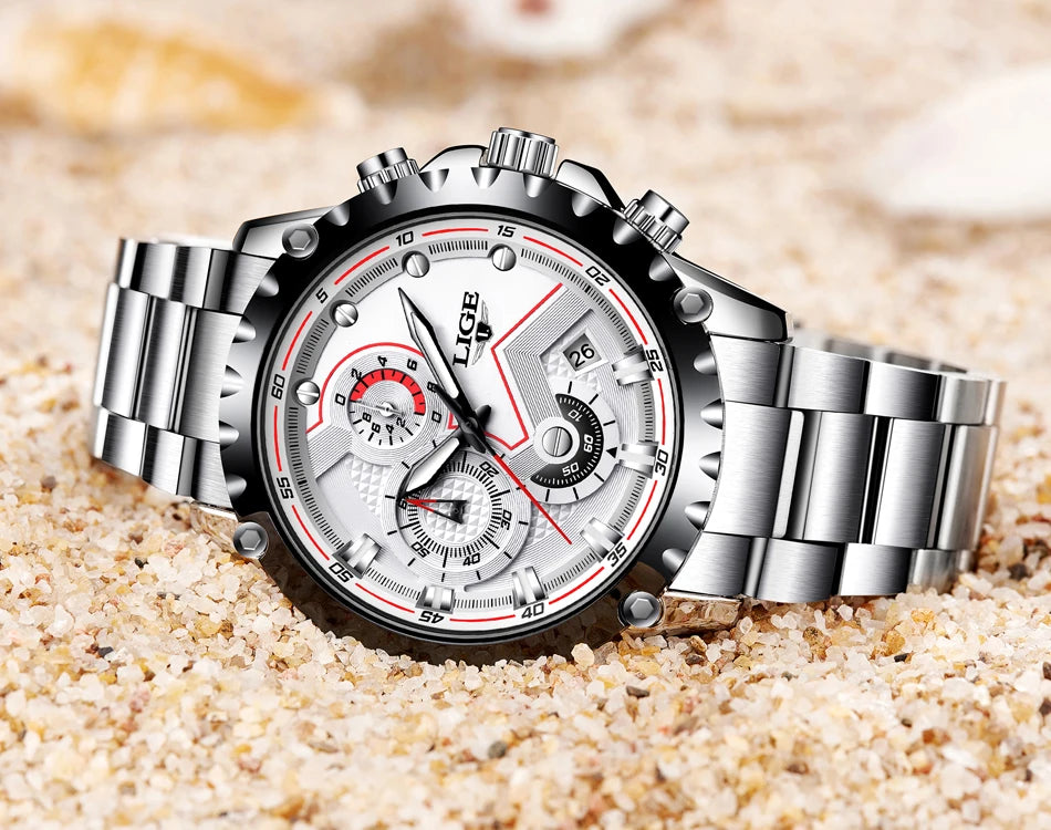 2025 LIGE Men Watch Fashion Quartz Watch Mens Top Brand Luxury All Steel Business Waterproof Sport Watch Relogio Masculino+BOX