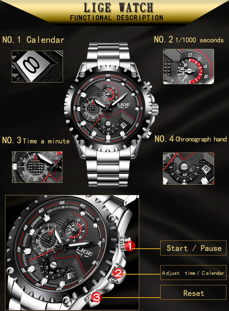 2025 LIGE Men Watch Fashion Quartz Watch Mens Top Brand Luxury All Steel Business Waterproof Sport Watch Relogio Masculino+BOX