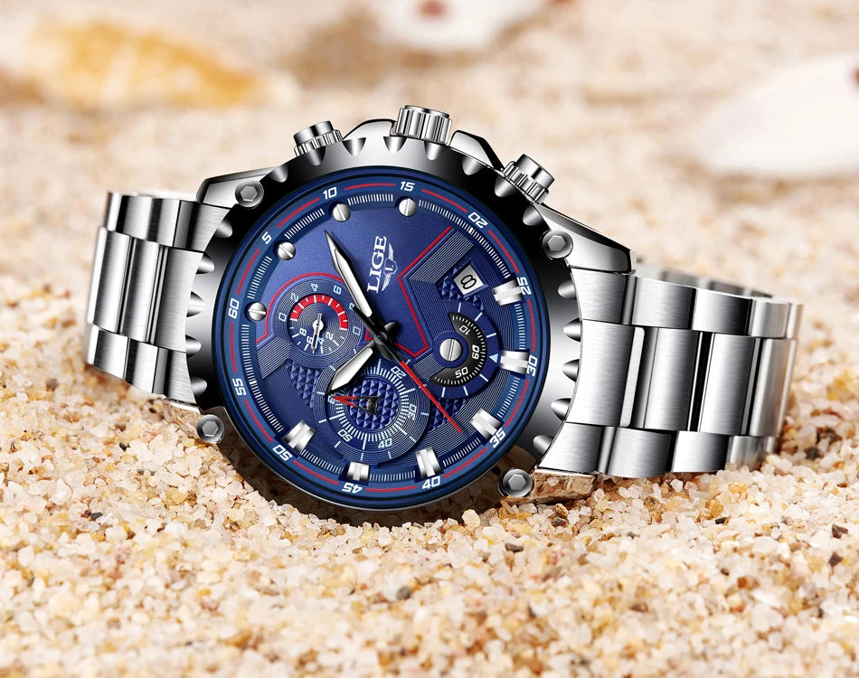 2025 LIGE Men Watch Fashion Quartz Watch Mens Top Brand Luxury All Steel Business Waterproof Sport Watch Relogio Masculino+BOX