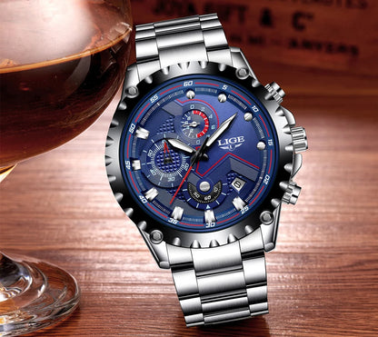2025 LIGE Men Watch Fashion Quartz Watch Mens Top Brand Luxury All Steel Business Waterproof Sport Watch Relogio Masculino+BOX
