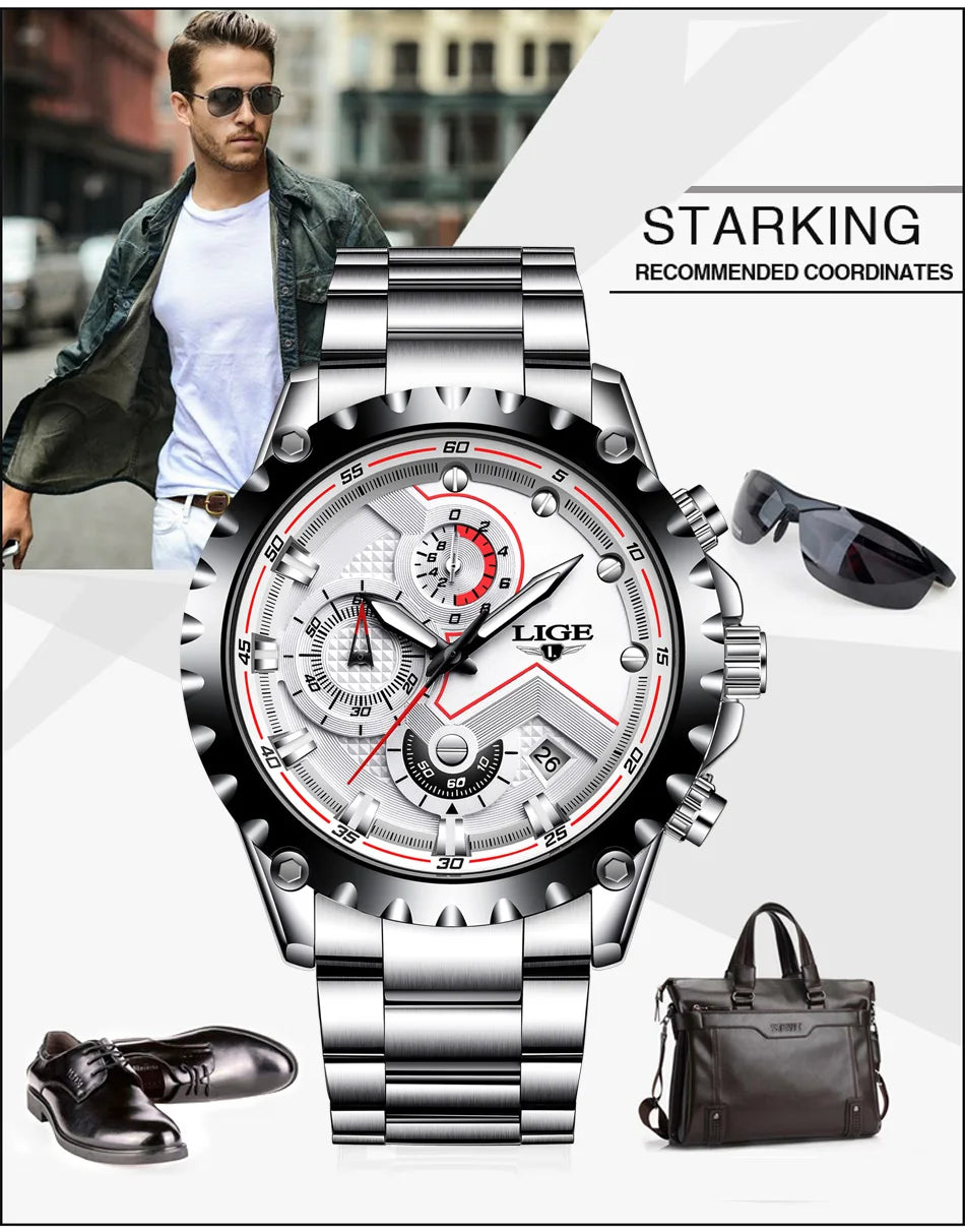 2025 LIGE Men Watch Fashion Quartz Watch Mens Top Brand Luxury All Steel Business Waterproof Sport Watch Relogio Masculino+BOX
