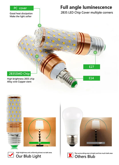 1Pcs/lot E27 E14 LED Lamp light SMD 2835 12W 16W 60LEDS 80LEDS lamps lights 220V Bulbs LED Corn Candle bulb 2 Color Temperatures
