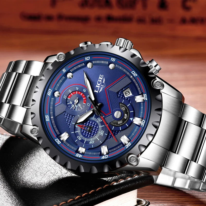 2025 LIGE Men Watch Fashion Quartz Watch Mens Top Brand Luxury All Steel Business Waterproof Sport Watch Relogio Masculino+BOX