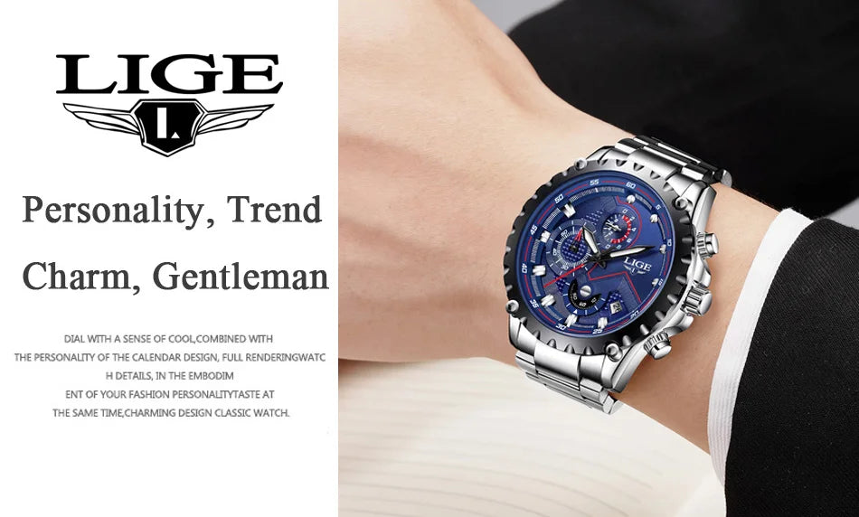 2025 LIGE Men Watch Fashion Quartz Watch Mens Top Brand Luxury All Steel Business Waterproof Sport Watch Relogio Masculino+BOX
