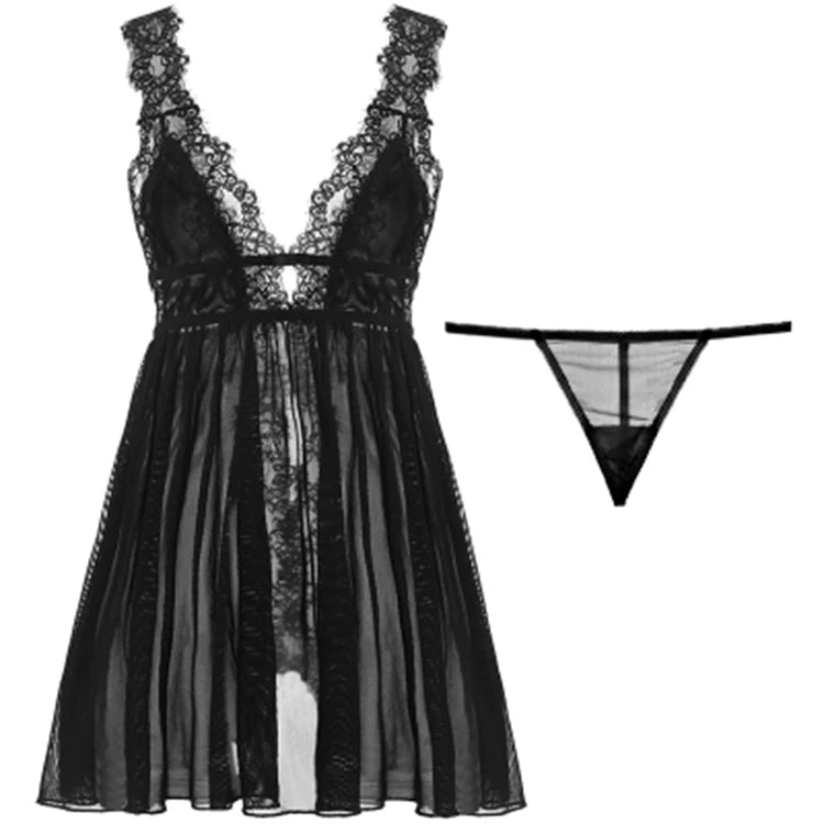 CINOON Summer Women's Lace Trim Sheer Mesh Babydoll Nightdress V-Neck Backless Sleepwear Sexy Lingerie Solid Color Dress