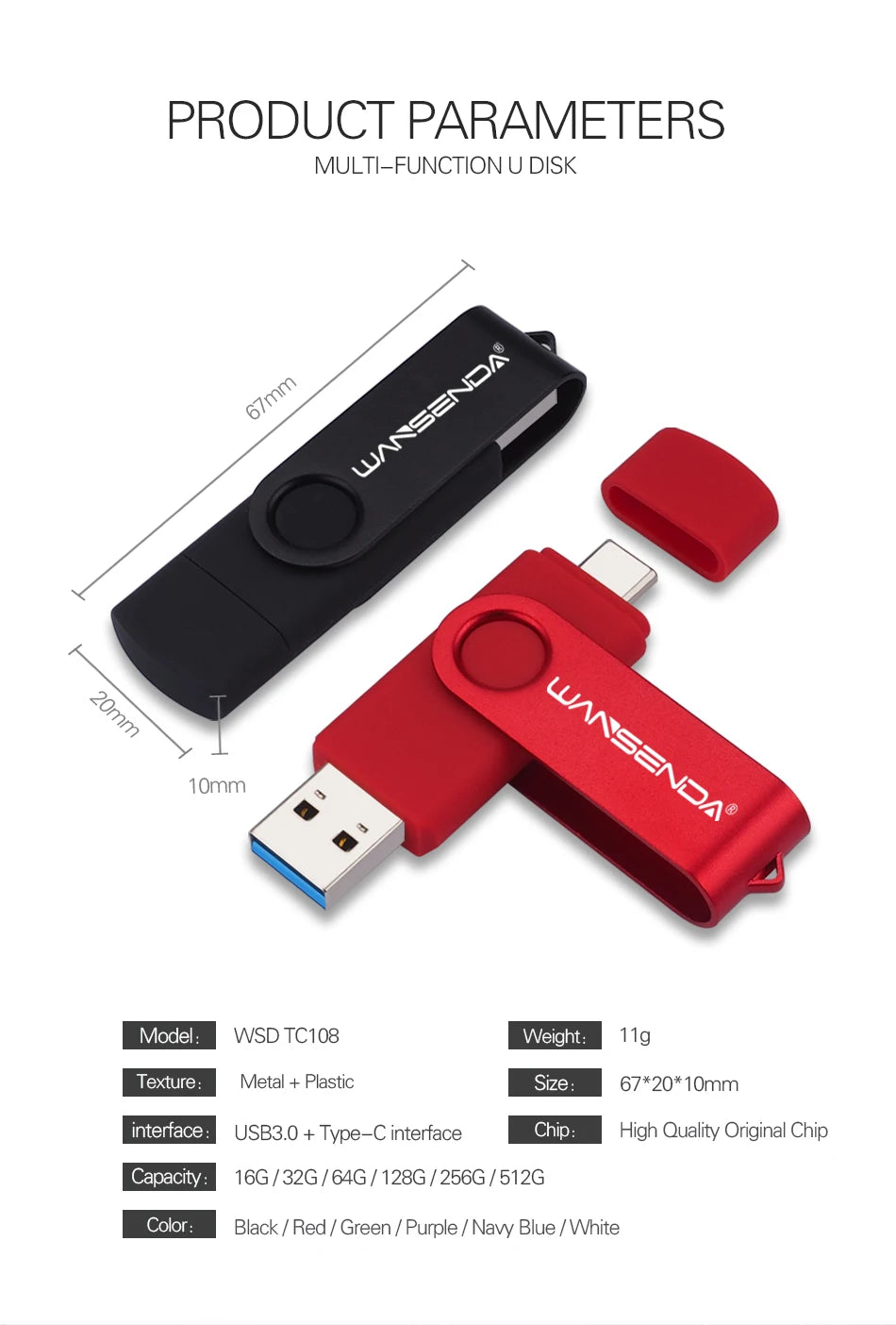 WANSENDA TYPE C USB 3.0 Pendrive Metalowy Pen Drive 512GB 256GB 128GB 64GB 32GB 16GB Pamięć USB 2 W 1 Szybkie Pendrive'y
