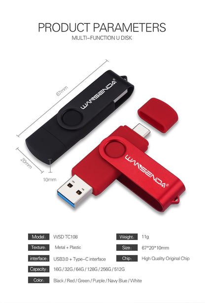 WANSENDA TYPE C USB 3.0 Pendrive Metalowy Pen Drive 512GB 256GB 128GB 64GB 32GB 16GB Pamięć USB 2 W 1 Szybkie Pendrive'y