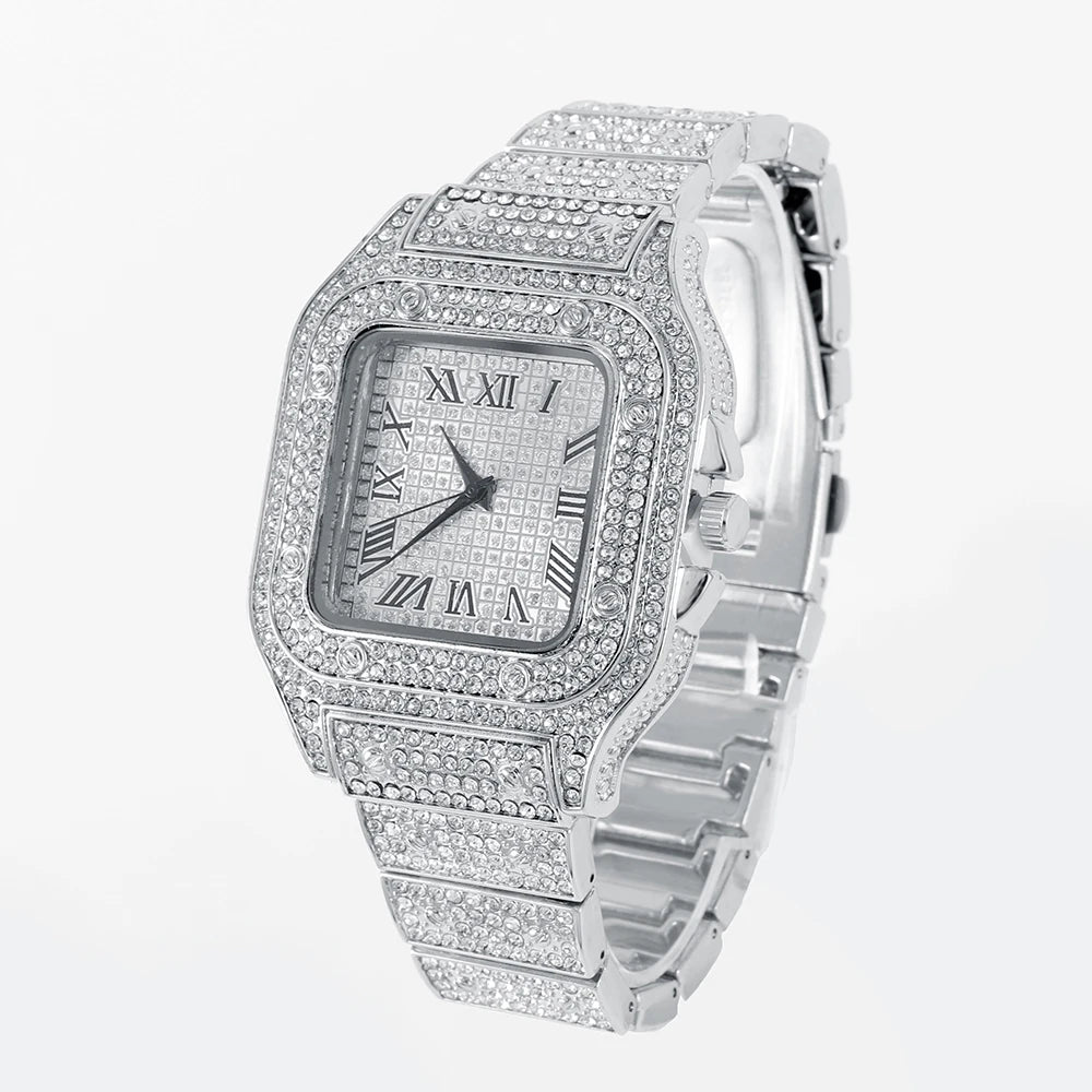 2024 Full Iced Out Watch Mens Cuban Link Chain Bracelet watch Bling Jewelry for Men Big Gold Chains Hip Hop Men Watch Set