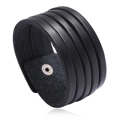 KOTik 2024 New Fashion Genuine Leather Wide Cuff Bangles Punk Vintage Three Layers Wide Black Brown Men Jewelry Bracelets