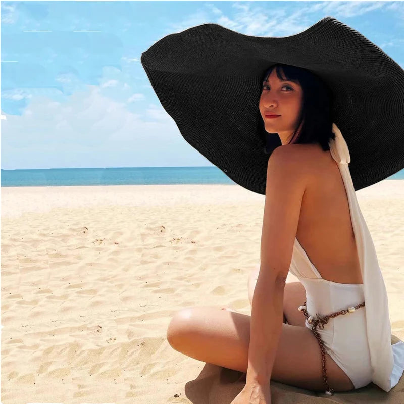70cm Oversized  Wide Brim Sun Hat Travel  Large UV Protection Beach Straw Hats Women's Summer Floppy Foldable Chapeaux Wholesale