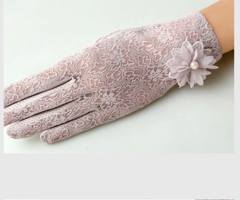 Women Summer Sexy Hollow Lace Flower Elegant Breathable Sunscreen Anti-UV Drive Cycling Touch Screen Gloves Short Pearl