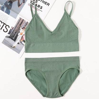 Women Seamless Bra Panties Set U Back Bra Fitness Crop Top Sexy Lingerie Set No Pads Brassiere Low Rise Briefs Underwear Set