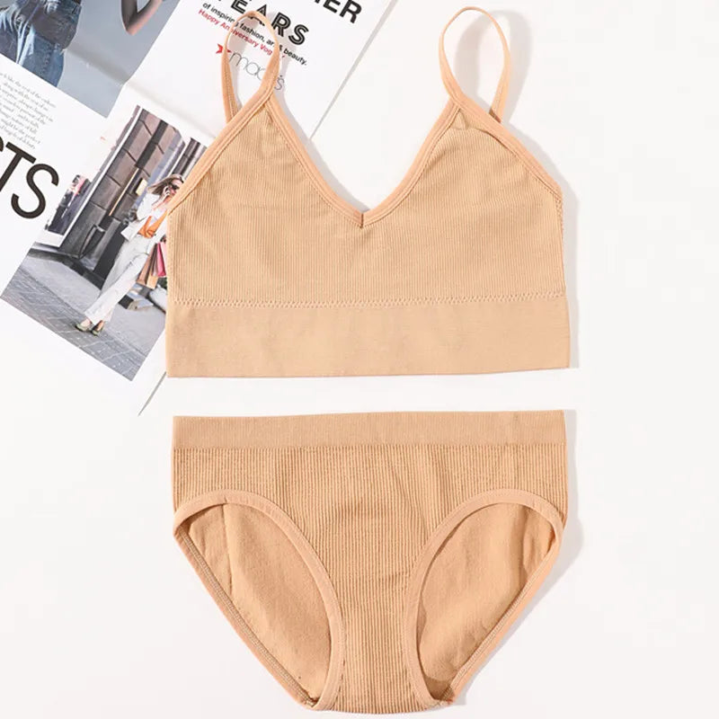 Women Seamless Bra Panties Set U Back Bra Fitness Crop Top Sexy Lingerie Set No Pads Brassiere Low Rise Briefs Underwear Set