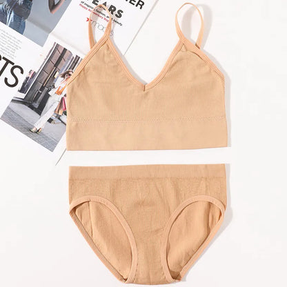 Women Seamless Bra Panties Set U Back Bra Fitness Crop Top Sexy Lingerie Set No Pads Brassiere Low Rise Briefs Underwear Set