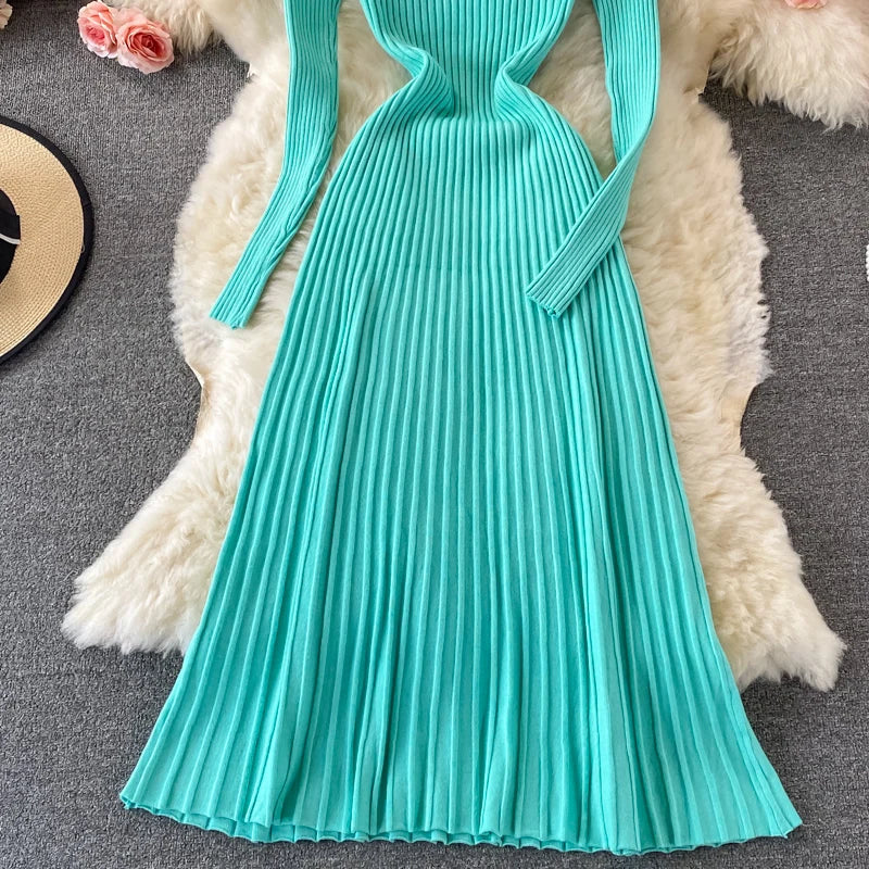 SINGREINY Women Pleated Knitted Dress Turtleneck Long Sleeve Elastic Slim Pencil Dress Autumn Winter Sexy Bodycon Sweater Dress
