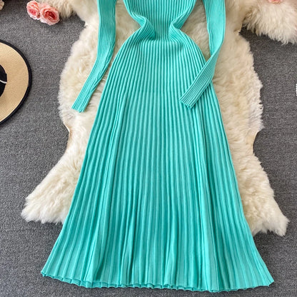SINGREINY Women Pleated Knitted Dress Turtleneck Long Sleeve Elastic Slim Pencil Dress Autumn Winter Sexy Bodycon Sweater Dress