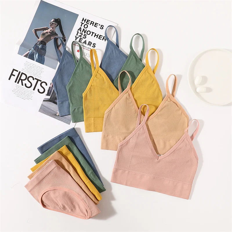Women Seamless Bra Panties Set U Back Bra Fitness Crop Top Sexy Lingerie Set No Pads Brassiere Low Rise Briefs Underwear Set