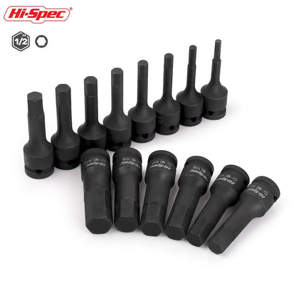 Hi-Spec 1/2" Drive Impact Hex Bit Socket Heavy Duty Cr-Mo Steel Metric Allen Head Adapter Professional Impact Grade Tool
