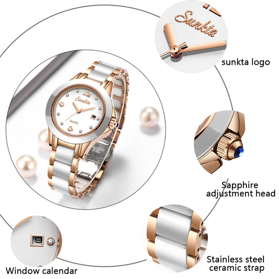 LIGE Brand SUNKTA Fashion Casual Woman Watch Ceramic Simple Bracelet Quartz Ladies Watches Date Waterproof Women's Wristwatches