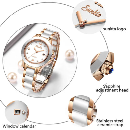 LIGE Brand SUNKTA Fashion Casual Woman Watch Ceramic Simple Bracelet Quartz Ladies Watches Date Waterproof Women's Wristwatches