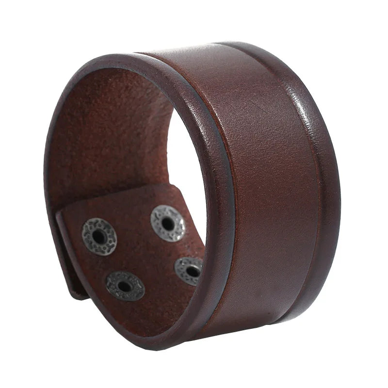 KOTik 2024 New Fashion Genuine Leather Wide Cuff Bangles Punk Vintage Three Layers Wide Black Brown Men Jewelry Bracelets