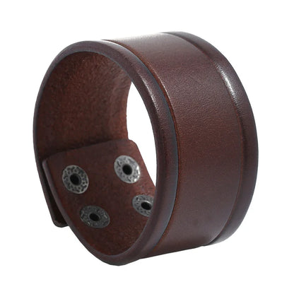 KOTik 2024 New Fashion Genuine Leather Wide Cuff Bangles Punk Vintage Three Layers Wide Black Brown Men Jewelry Bracelets