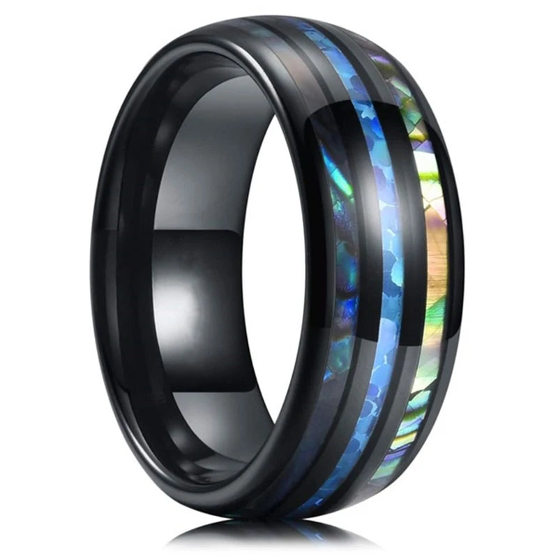 Fashion 8mm Rose Gold Color Stainless Steel Guitar String Rings for Men Koa Wood Inlay Ring Whiskey Barrel Mens Wedding Band