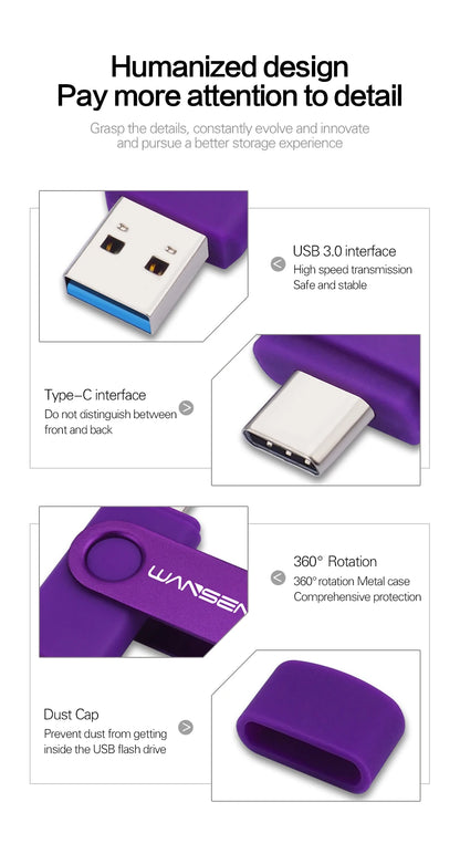WANSENDA TYPE C USB 3.0 Pendrive Metalowy Pen Drive 512GB 256GB 128GB 64GB 32GB 16GB Pamięć USB 2 W 1 Szybkie Pendrive'y