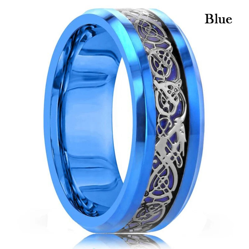 30 Colors Fashion 8MM Men Stainless Steel Celtic Dragon Rings Inlay Carbon Fiber Rings For Men Women Wedding Party Jewelry Gifts