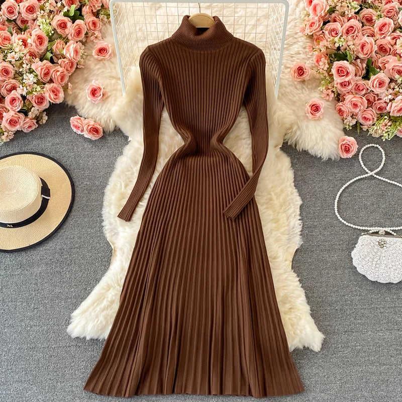 SINGREINY Women Pleated Knitted Dress Turtleneck Long Sleeve Elastic Slim Pencil Dress Autumn Winter Sexy Bodycon Sweater Dress