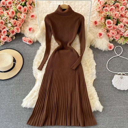 SINGREINY Women Pleated Knitted Dress Turtleneck Long Sleeve Elastic Slim Pencil Dress Autumn Winter Sexy Bodycon Sweater Dress