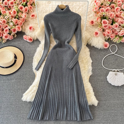 SINGREINY Women Pleated Knitted Dress Turtleneck Long Sleeve Elastic Slim Pencil Dress Autumn Winter Sexy Bodycon Sweater Dress