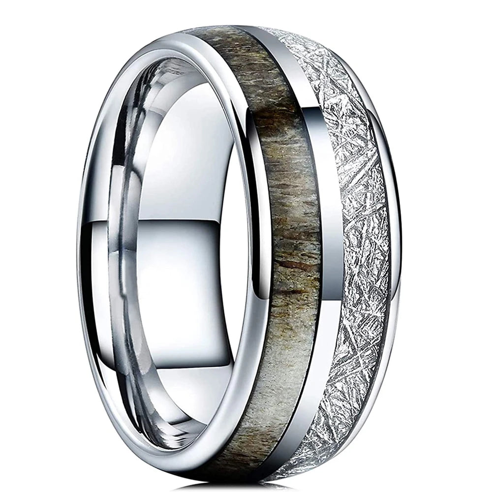 Fashion 8mm Rose Gold Color Stainless Steel Guitar String Rings for Men Koa Wood Inlay Ring Whiskey Barrel Mens Wedding Band