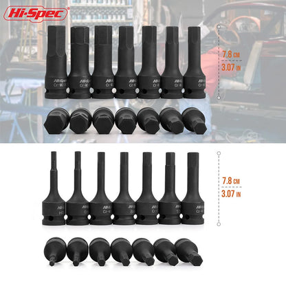 Hi-Spec 1/2" Drive Impact Hex Bit Socket Heavy Duty Cr-Mo Steel Metric Allen Head Adapter Professional Impact Grade Tool