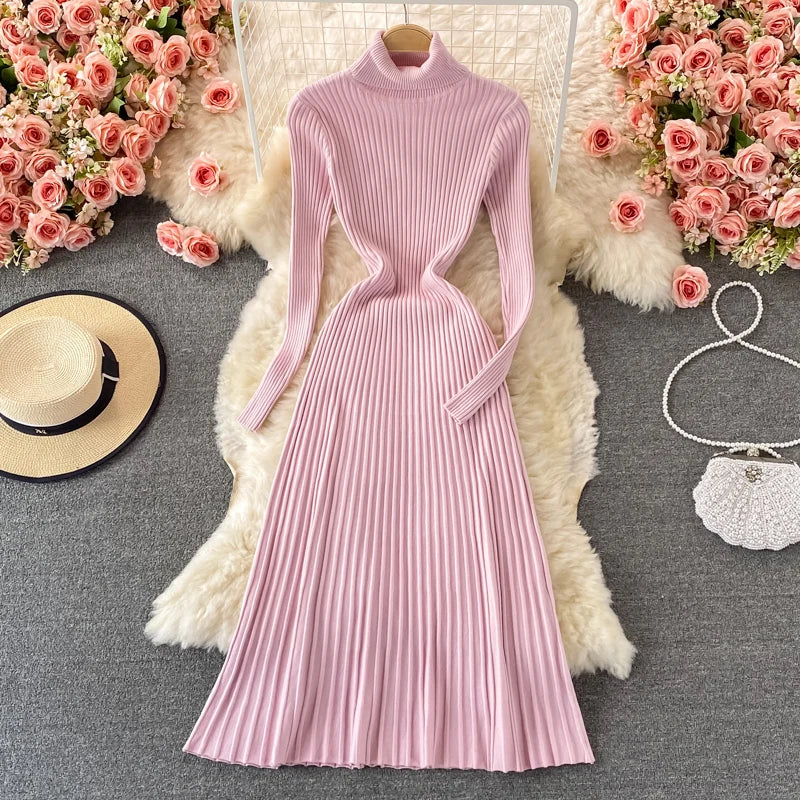 SINGREINY Women Pleated Knitted Dress Turtleneck Long Sleeve Elastic Slim Pencil Dress Autumn Winter Sexy Bodycon Sweater Dress
