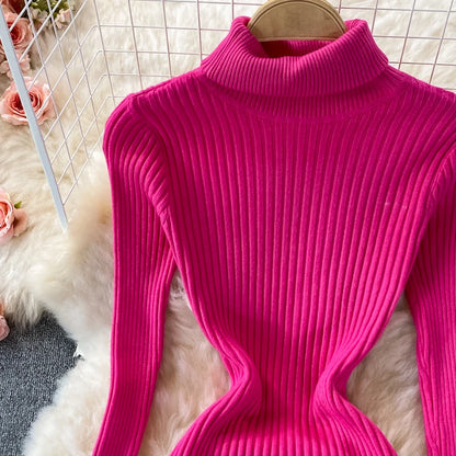 SINGREINY Women Pleated Knitted Dress Turtleneck Long Sleeve Elastic Slim Pencil Dress Autumn Winter Sexy Bodycon Sweater Dress
