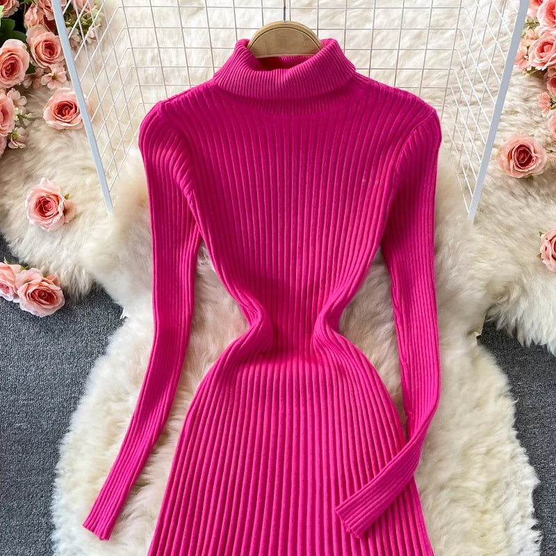 SINGREINY Women Pleated Knitted Dress Turtleneck Long Sleeve Elastic Slim Pencil Dress Autumn Winter Sexy Bodycon Sweater Dress