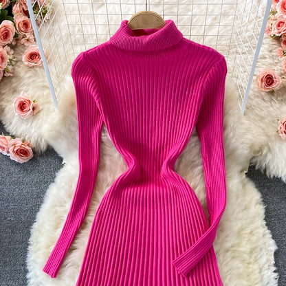 SINGREINY Women Pleated Knitted Dress Turtleneck Long Sleeve Elastic Slim Pencil Dress Autumn Winter Sexy Bodycon Sweater Dress