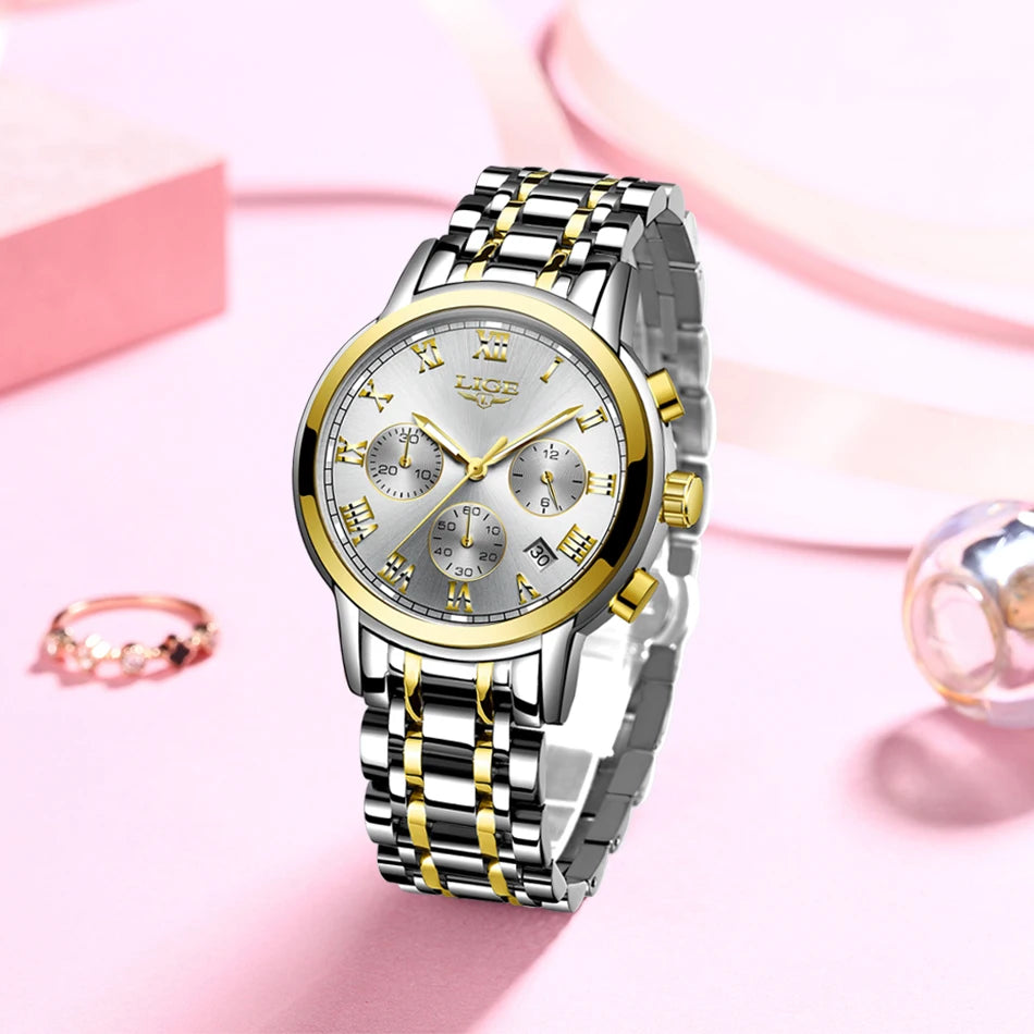 LIGE Women's Watches Ladies Quartz Watch Waterproof Stainless Steel Strap Chronograph Watch for Women Fashion Watch Bracelet Set