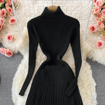 SINGREINY Women Pleated Knitted Dress Turtleneck Long Sleeve Elastic Slim Pencil Dress Autumn Winter Sexy Bodycon Sweater Dress