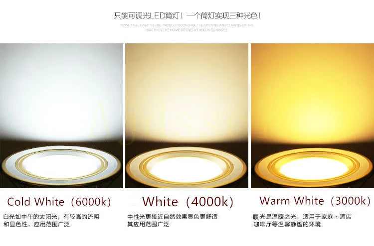 LED Downlight  10PCS Dimmable  220V 3-color dimming LED downlight  5W 7W 9W 12W 15W Recessed in LED Ceiling Downlight Light Lamp