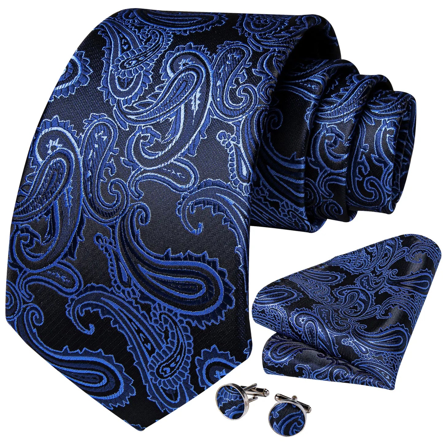 Black And Silver Paisley Floral Men's Ties Gray Blue Pink Wedding Accessories Neck Tie Set Handkerchief Cufflinks Gift For Men