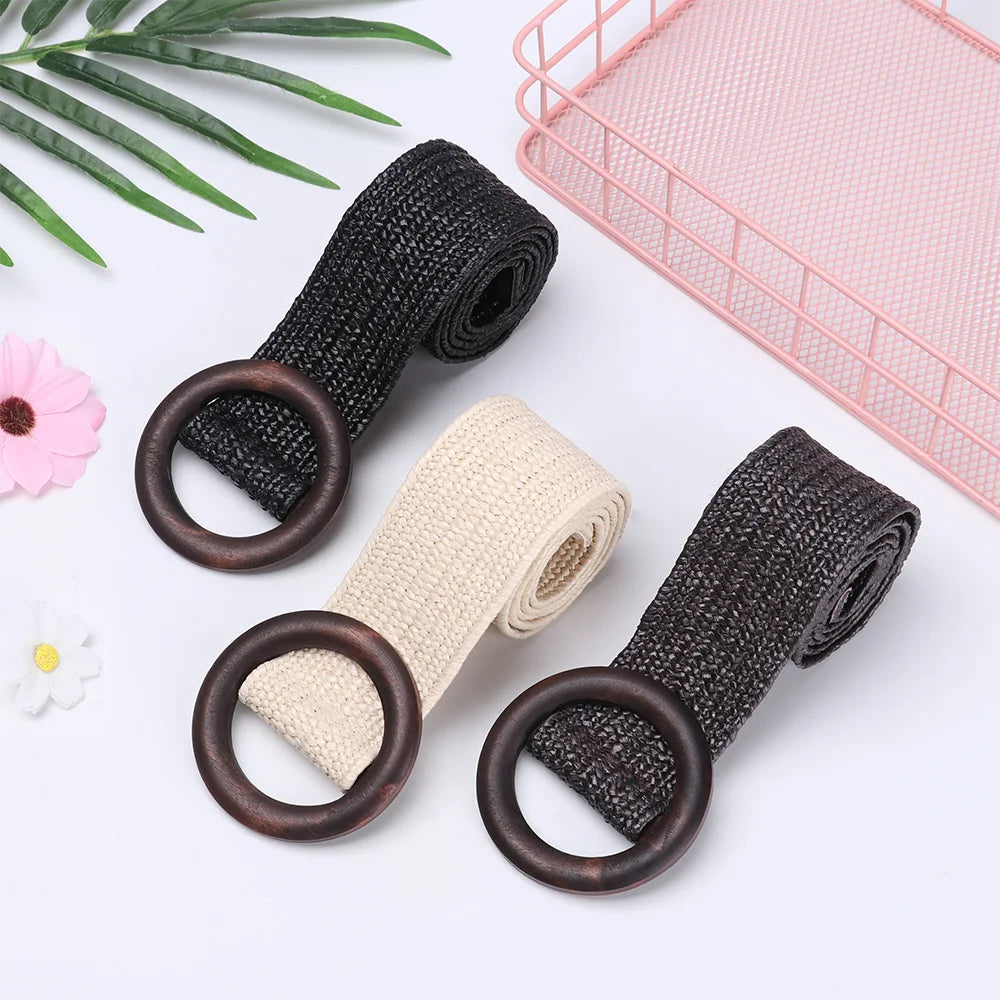 1PC Women Fashion Casual Straw Belt Round Wooden Buckle Elastic Waist Chain Belly Necklace Body Jewelry Dress Shirt Accessories
