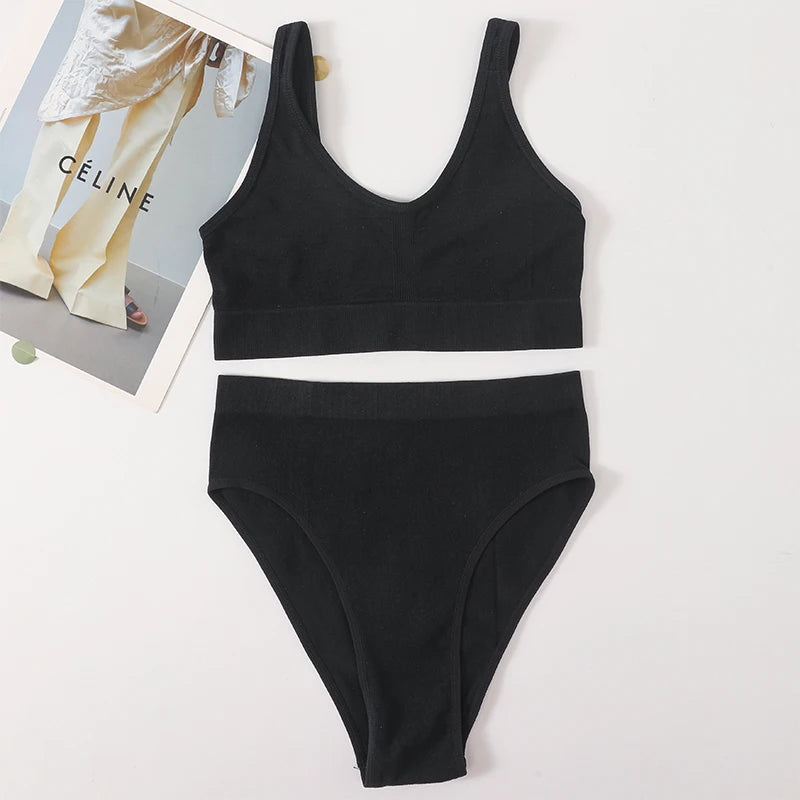 Women Seamless Bra Set Sexy Lingerie Wire Free Push Up Brassiere Bralette Unlined Female Crop Top High Rise Briefs Underwear Set