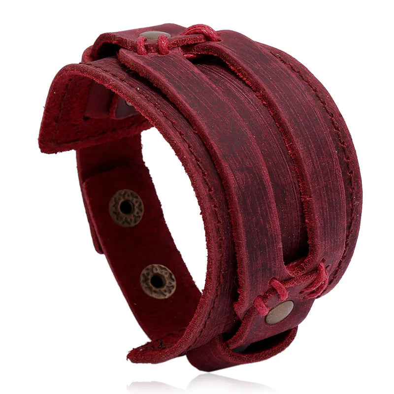 KOTik 2024 New Fashion Genuine Leather Wide Cuff Bangles Punk Vintage Three Layers Wide Black Brown Men Jewelry Bracelets