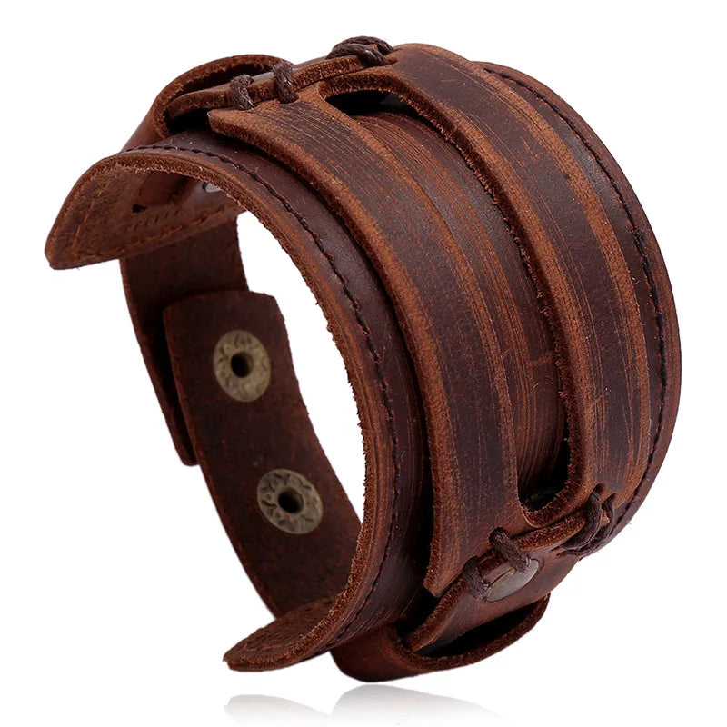 KOTik 2024 New Fashion Genuine Leather Wide Cuff Bangles Punk Vintage Three Layers Wide Black Brown Men Jewelry Bracelets
